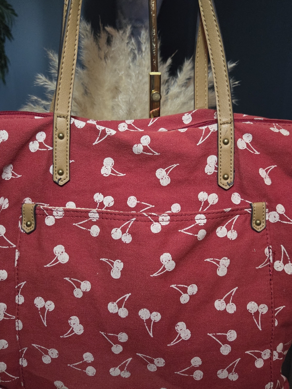 Sonoma Cherry Print Canvas Tote Bag Red Cream Large Everyday Shoulder Tote - Picture 3 of 15